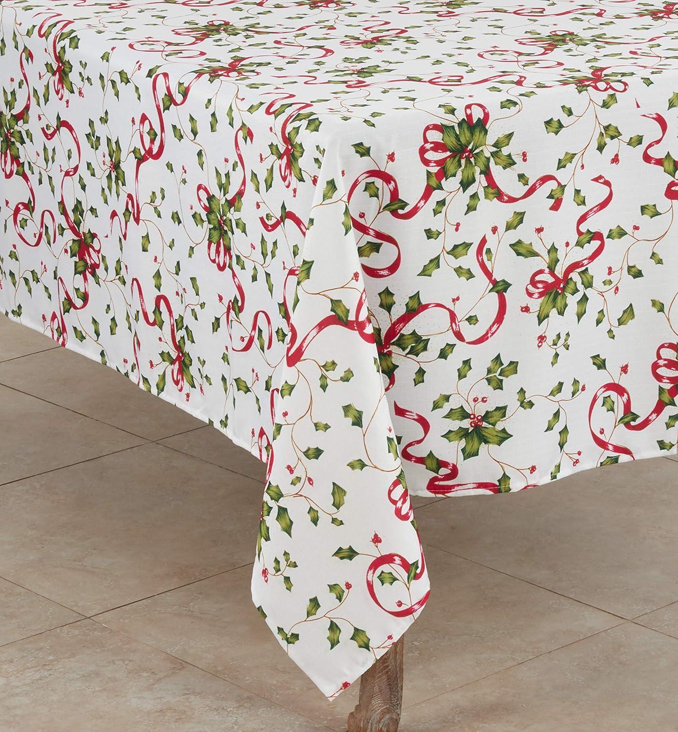 Saro Lifestyle Holly and Ribbon Design Holiday Tablecloth