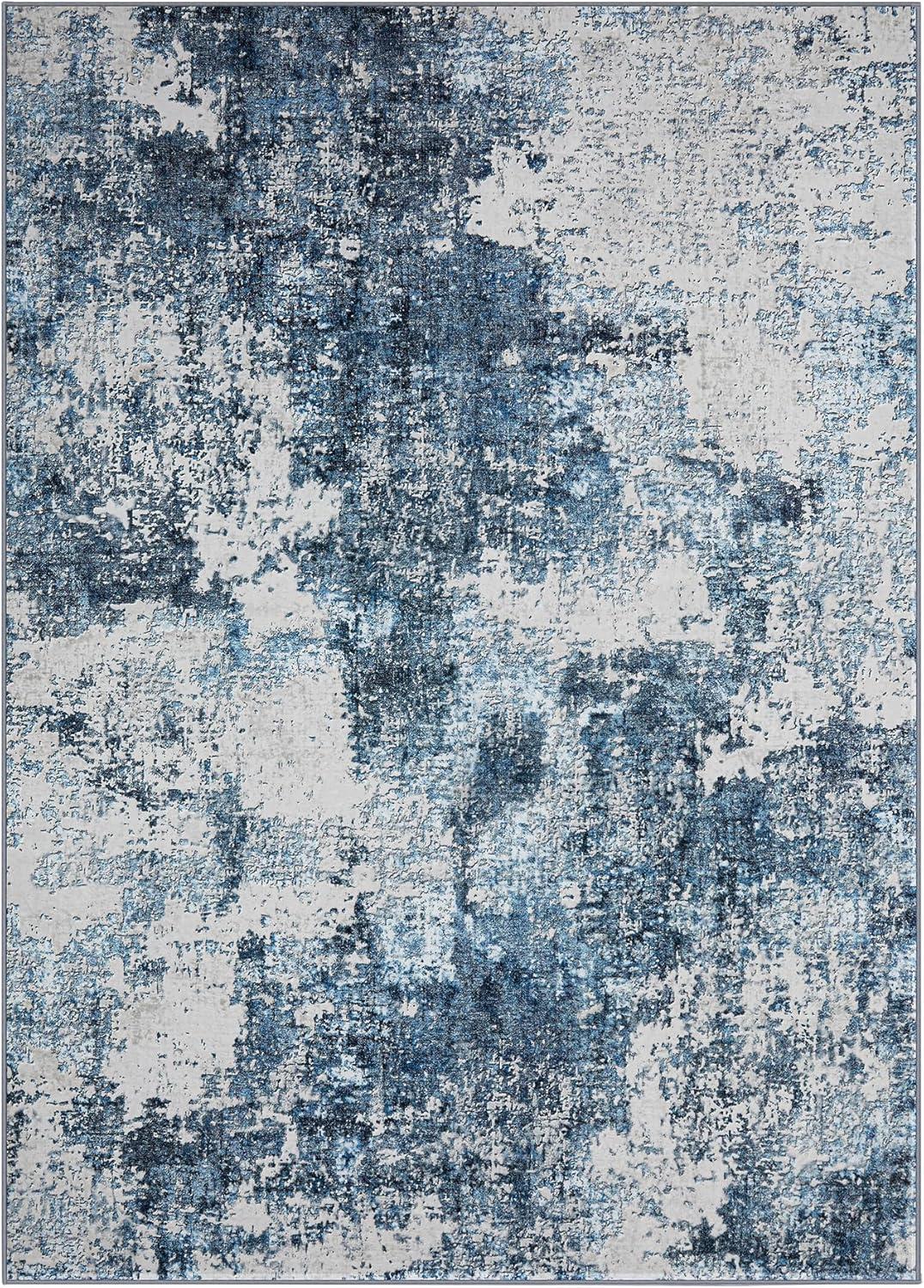 Tzou Washable Area Rug 9x12 Large Modern Abstract Living Room Accent Carpet for Playroom Nursery Room, Non-Slip, Low-Pile, Super Soft(Ink Blue)