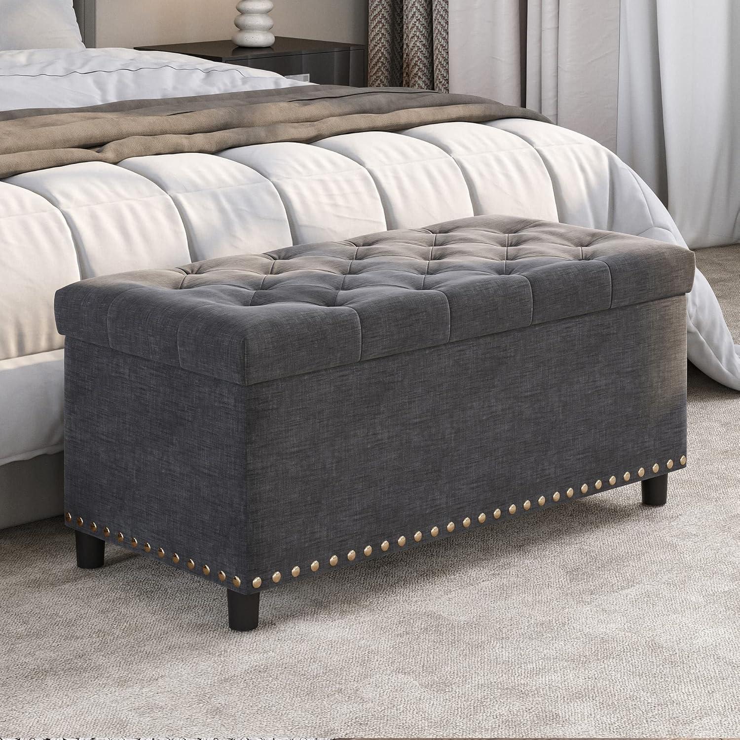 BELLEZE 35 Inch Storage Ottoman, Button-Tufted Ottoman Linen Storage Bench with Safety Close Hinge, Ottoman with Storage for Living Room, Entryway, Hallway, Foot Rest, Support 300lbs - Dark Grey