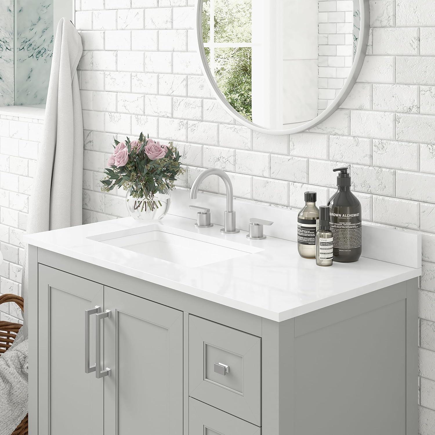 Taylor & Logan 36" Vivien Bathroom Vanity with Open Shelf and 3 Drawers Gray: Stoneware Top, Wood Frame, Single Basin