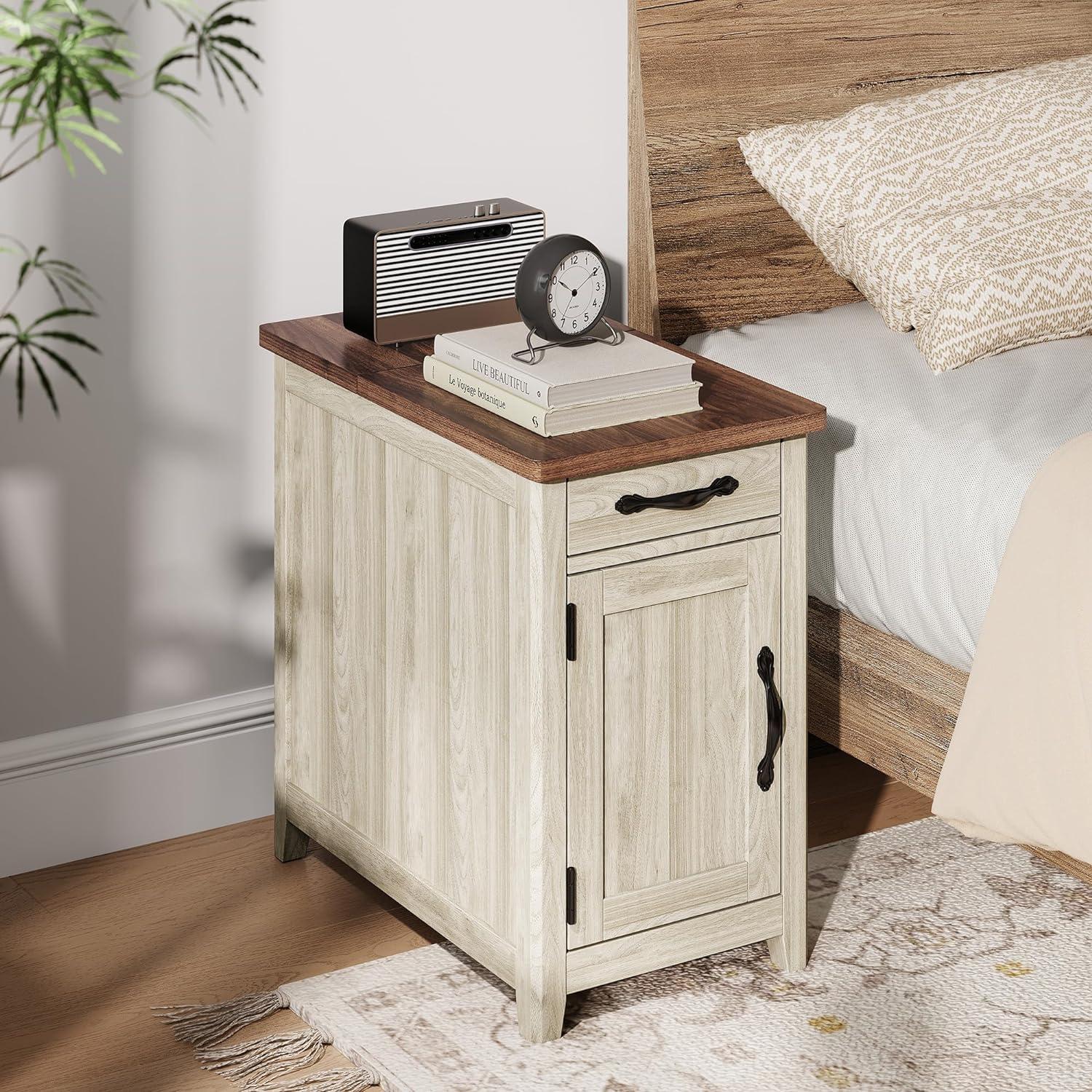 End Table with Charging Station   for Bedroom with Drawer and Detachable Holder    with Glass Door  Extra  & Display Space  Small Nightstand for Living Room