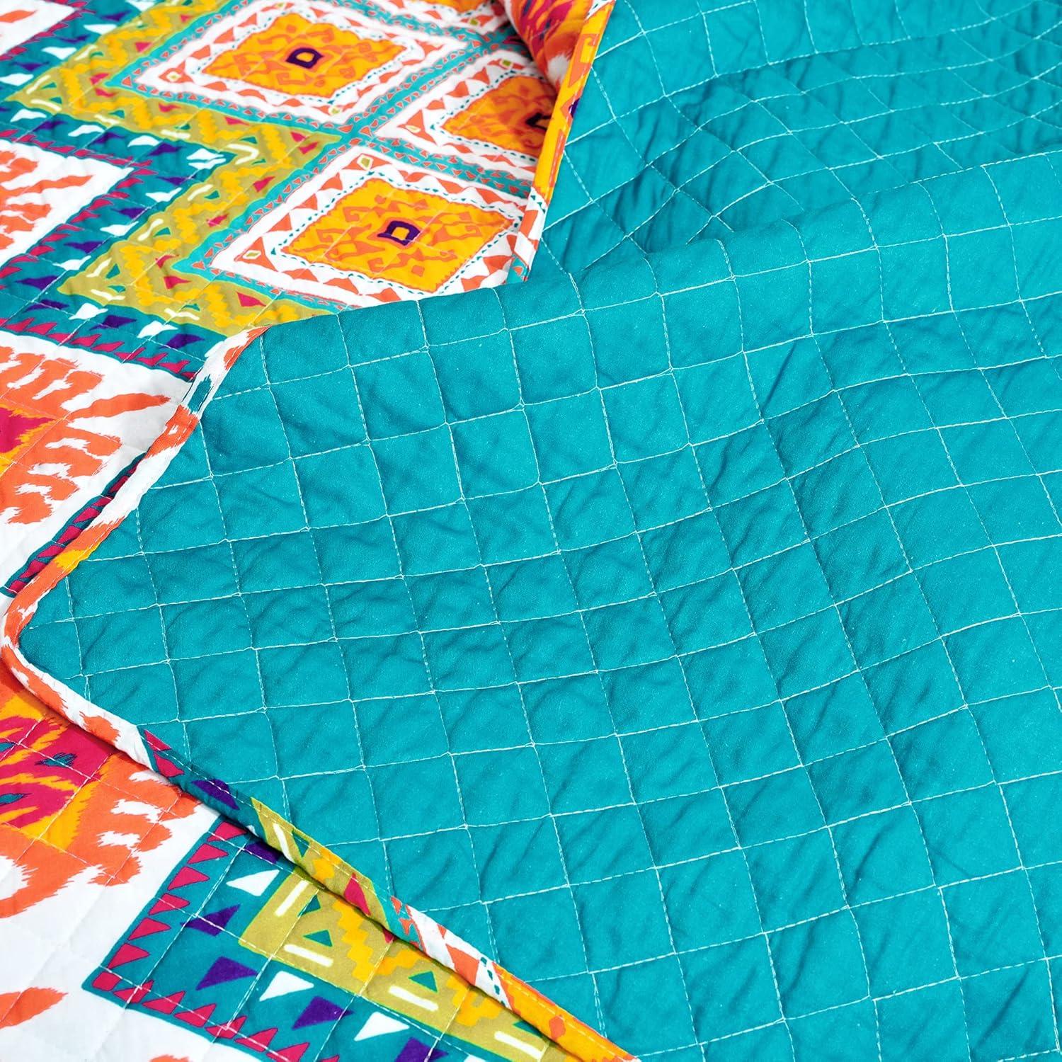 Boho Turquoise/Orange/Purple Standard Cotton Reversible 3 Piece Quilt Set