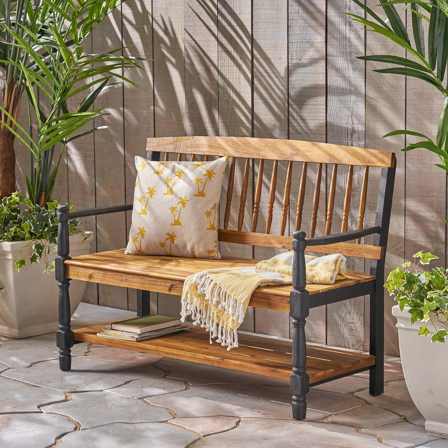 Teak and Black Acacia Wood Bench with Shelf, 51"