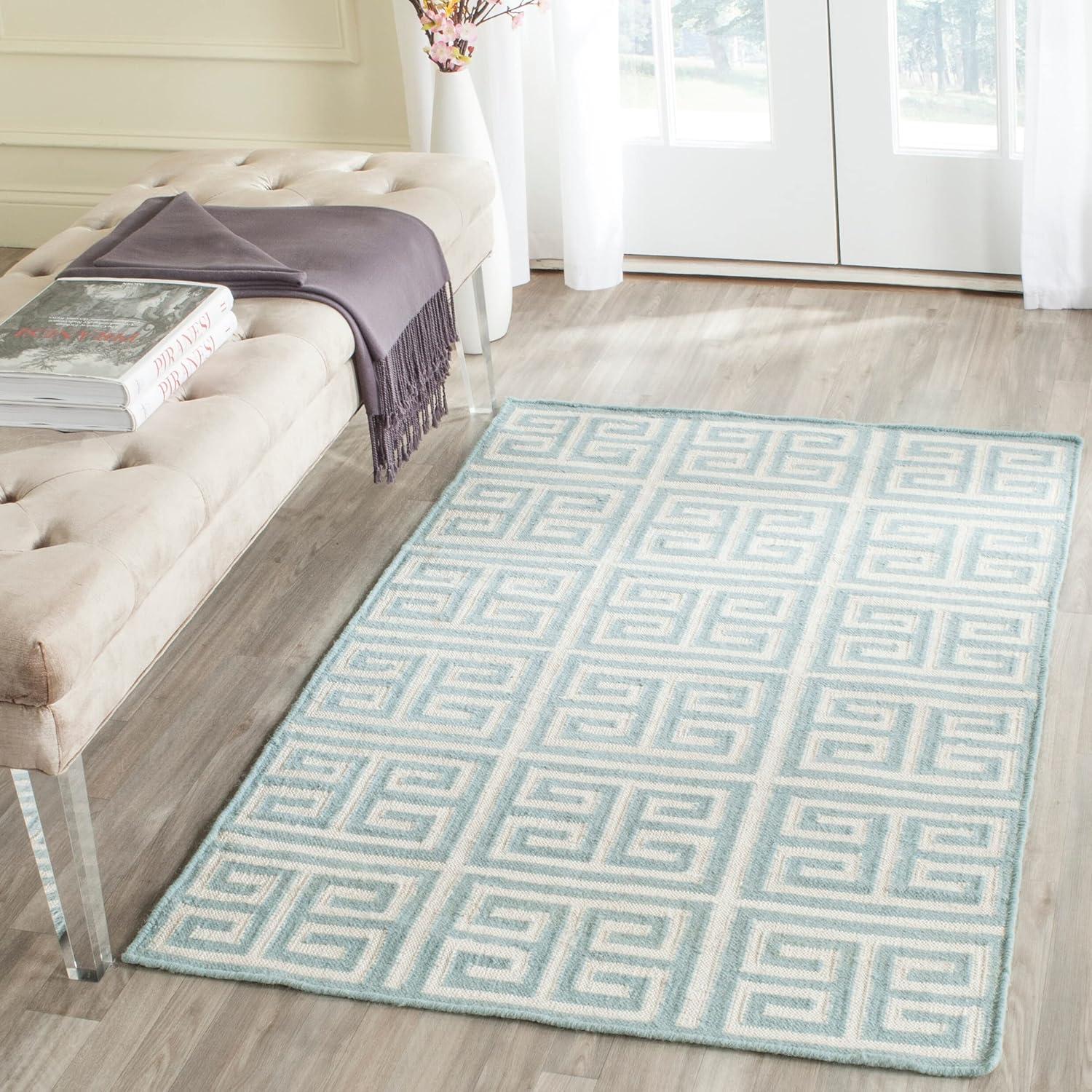 Blue and Ivory Geometric Handmade Wool Area Rug