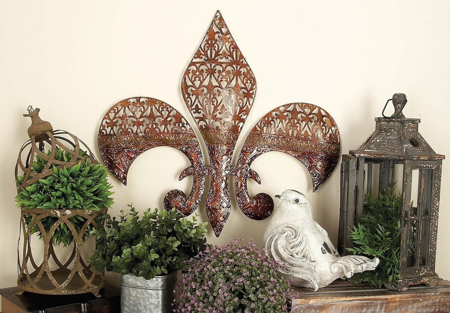 DecMode Brown Wood Arabesque Scroll Wall Decor with Metal Fleur De Lis Relief