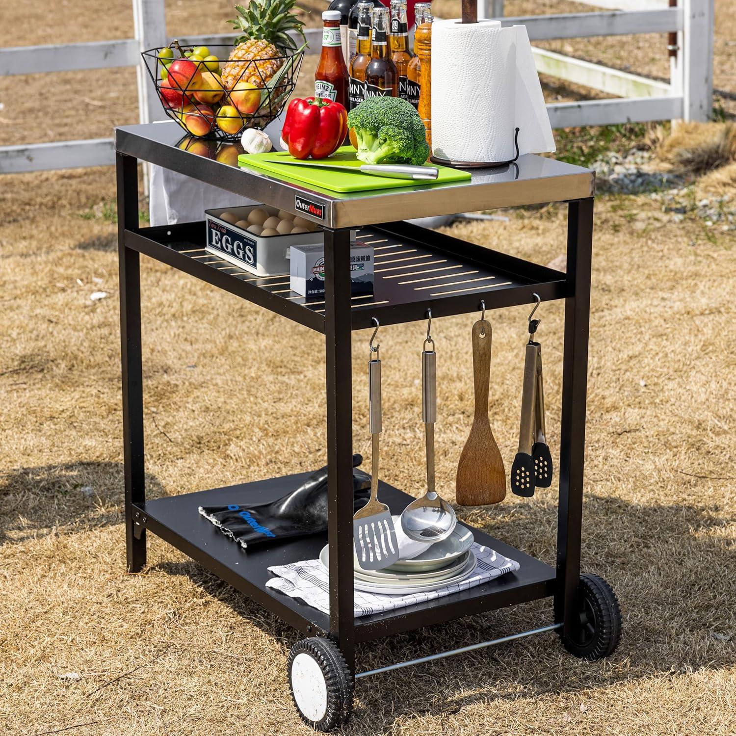 Silver and Black Steel Outdoor Grill Cart with Shelves