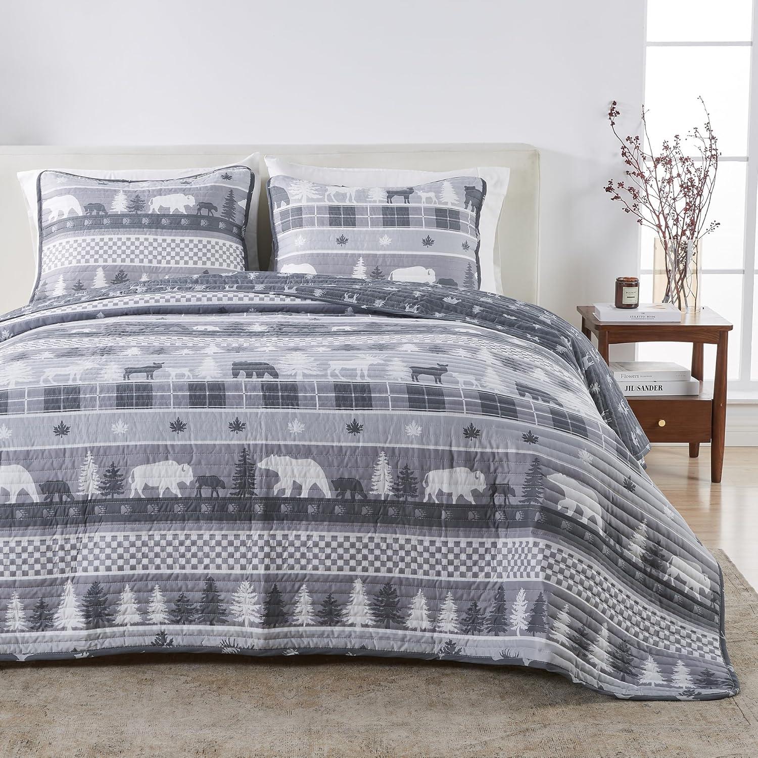 Rustic Landscape Grey Full/Queen Microfiber Reversible Quilt Set