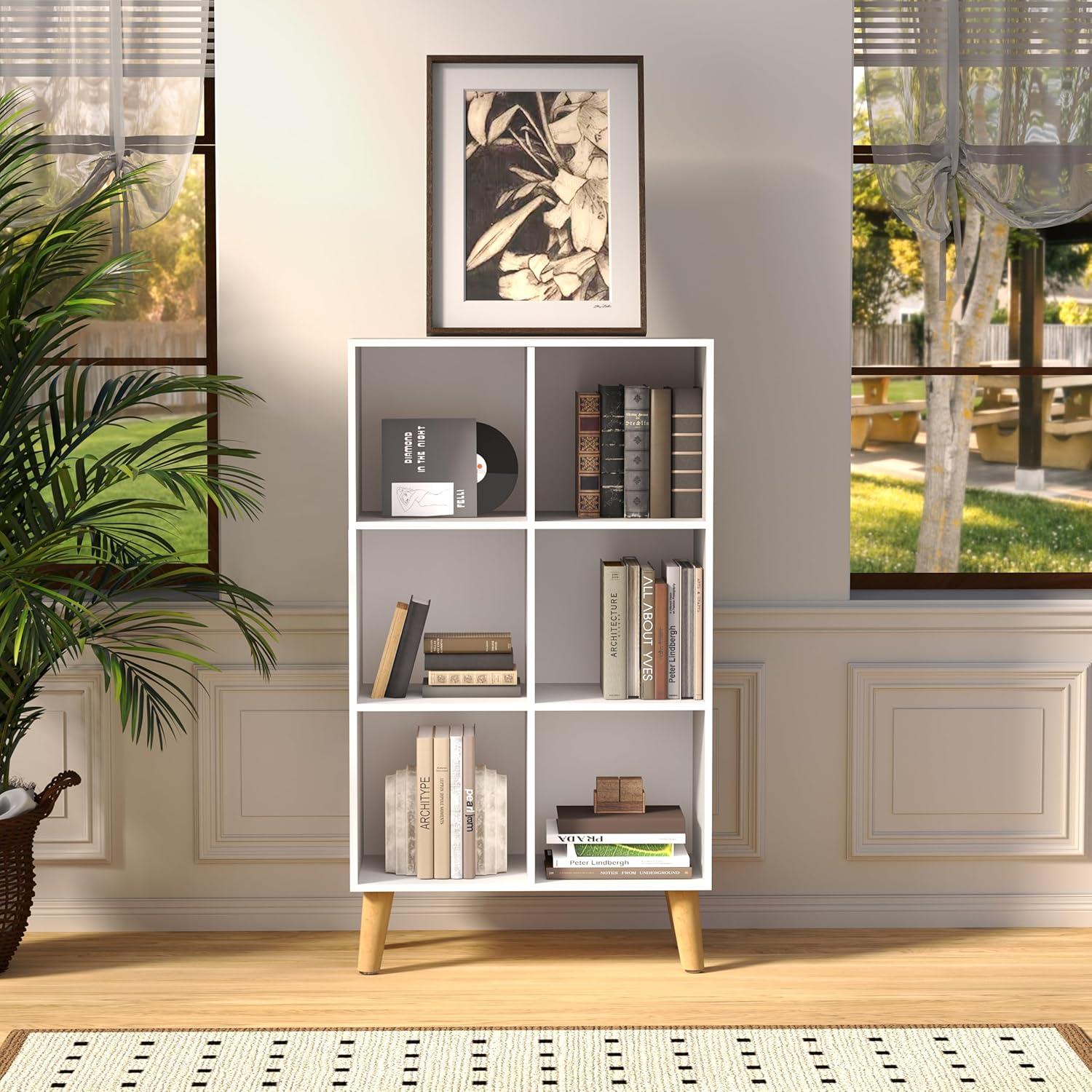 6 Cube Storage Organizer with Legs, 3 Tier Cube Low Bookcase Freestanding Storage Display Organizer for Home Office, Six-Cubes Open Shelf Bookshelf (White, 6 Cube Vertical)