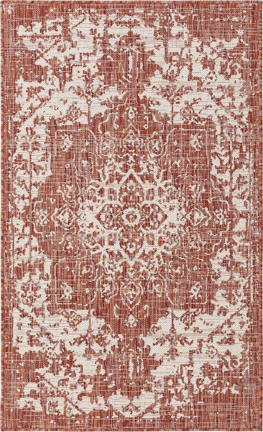 Rust Red and Ivory Rectangular Outdoor Area Rug