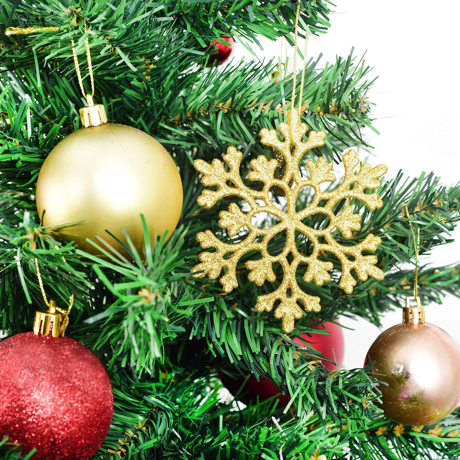 DearHouse 36Pcs Christmas Glitter Snowflake Ornaments, 4 Inch Plastic Snowflake Christmas Tree Ornaments Decorations for Winter Wonderland Christmas Party Decorations, Gold