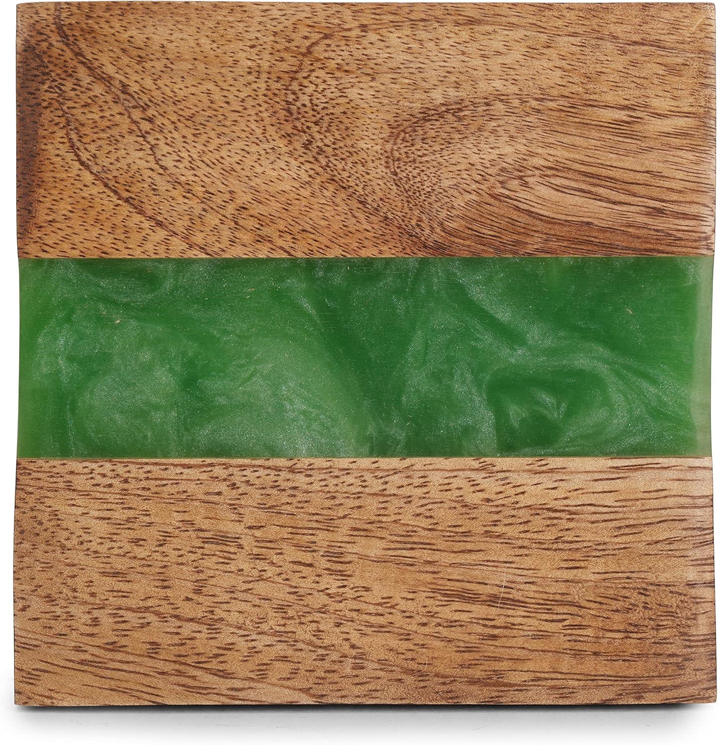 Ajuny Set of 4 Wood and Resin Coasters Square Handmade Coaster for Tea Cups Coffee Mugs Home Office Green