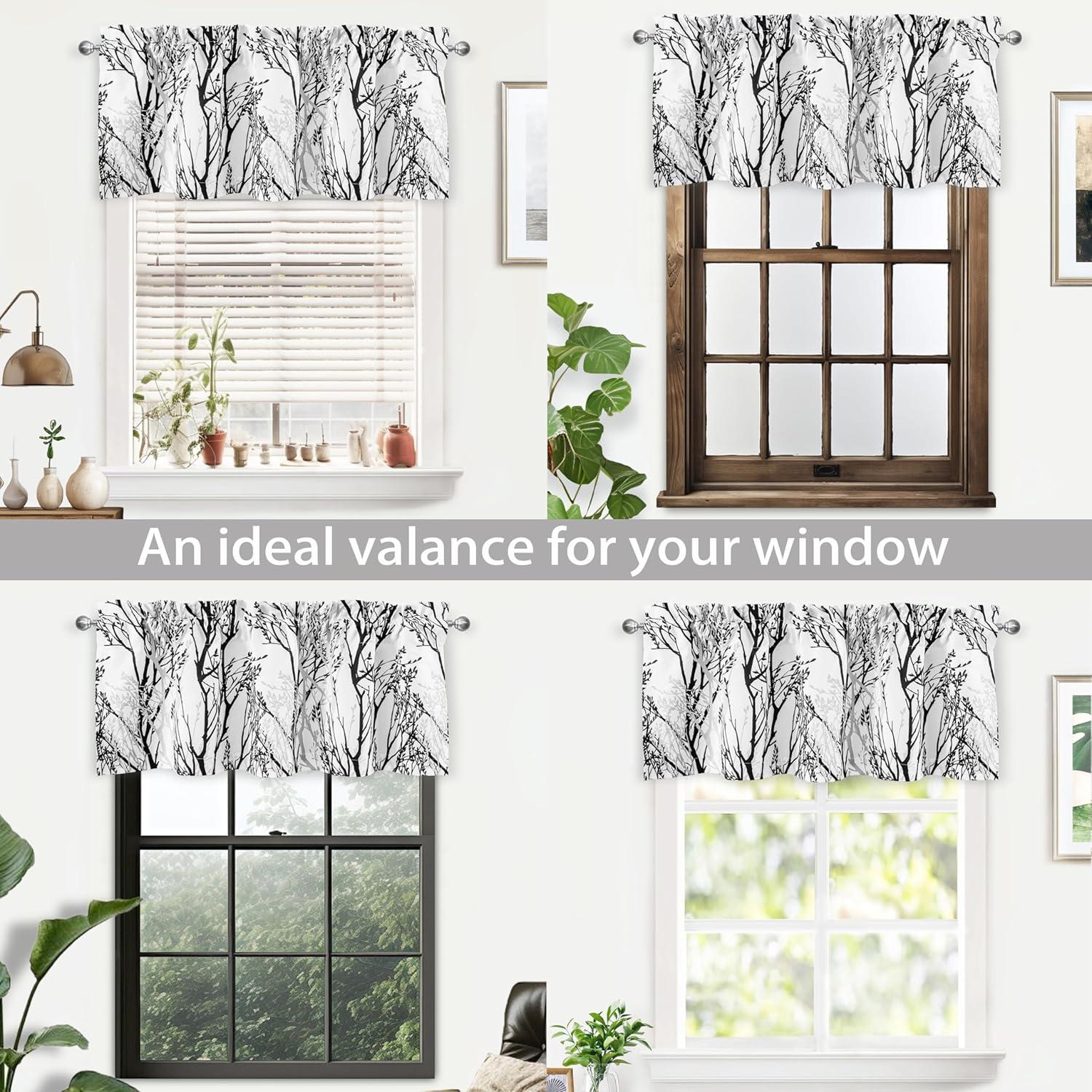 DriftAway Tree Branch Abstract Ink Printing Lined Thermal Insulated Window Curtain Valance Rod Pocket, 52" x 18" Plus 2" Header Black White