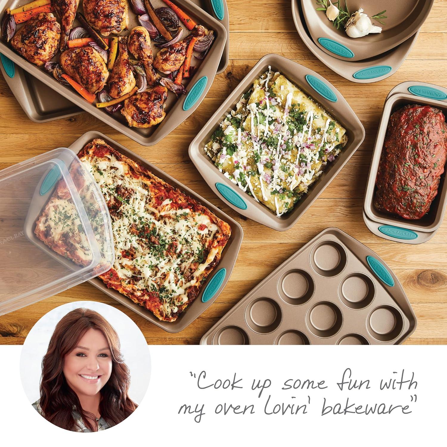 Rachael Ray 47578 Cucina Nonstick Bakeware Set with Grips Includes Nonstick Bread Pan, Baking Sheet, Cookie Sheet, Baking Pans, Cake Pan and Muffin Pan - 10 Piece, Latte Brown with Agave Blue Grips