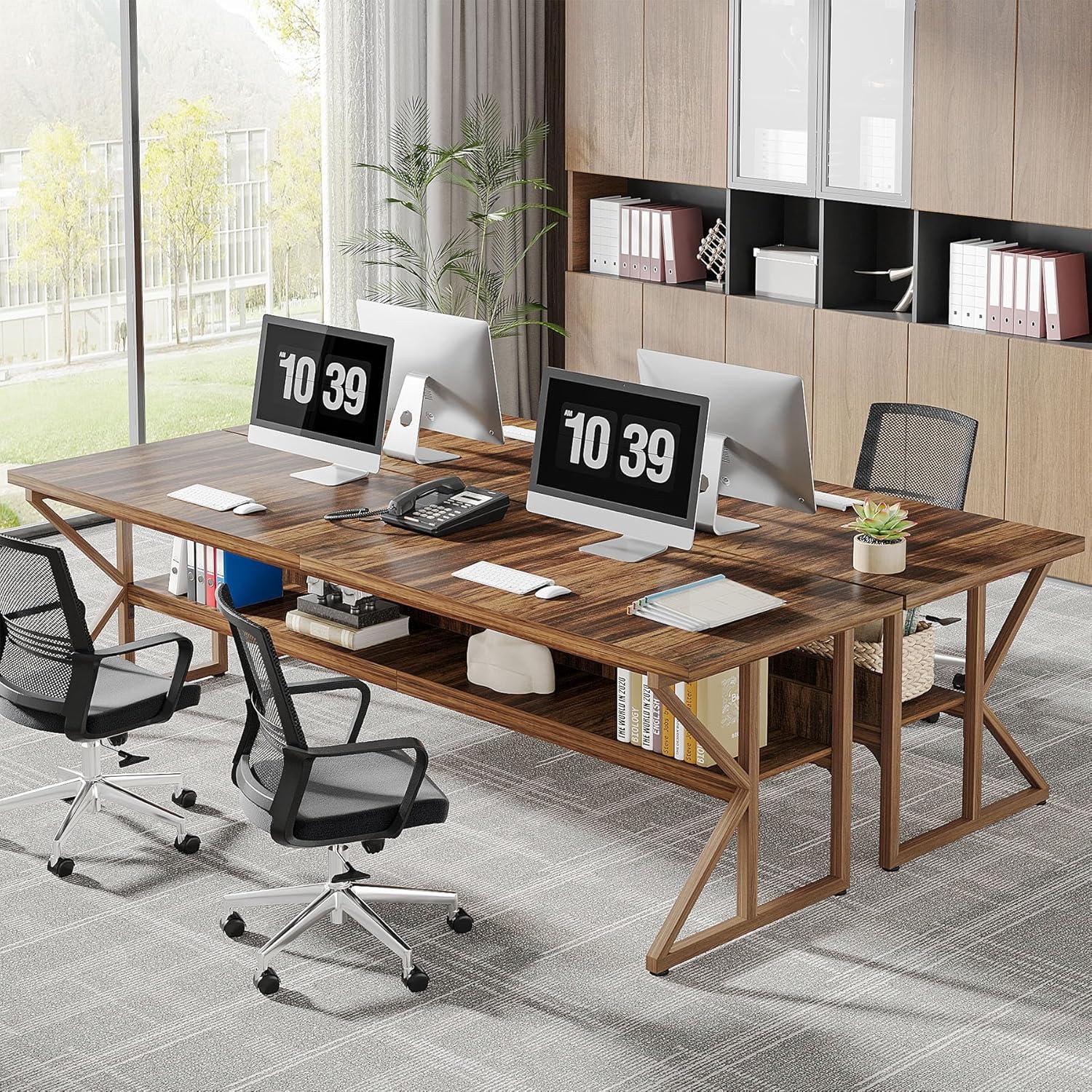 Brown Wood 79-Inch Double Desk with Storage Shelf