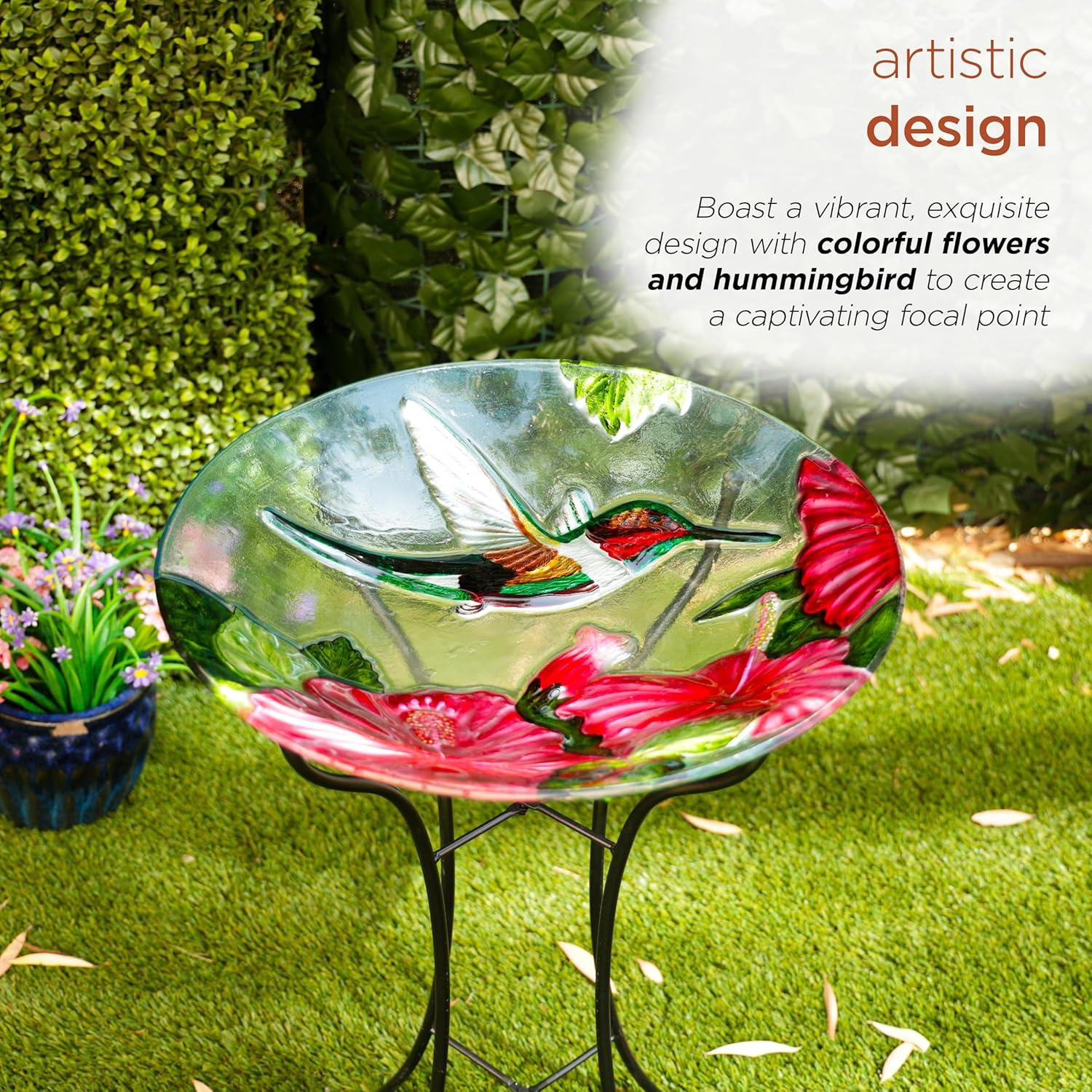 18" Multicolor Glass Birdbath with Metal Stand and Hummingbird Design