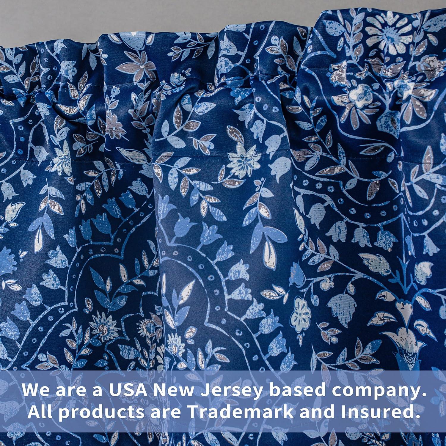 Navy Blue Floral Damask Blackout Rod Pocket Valance 52" x 14"