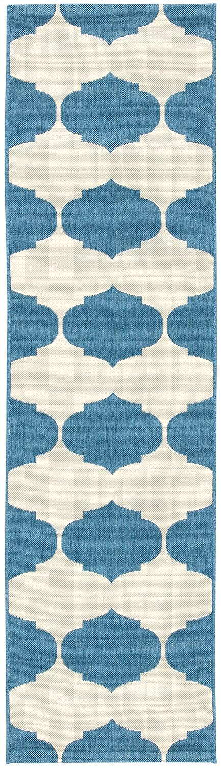 SAFAVIEH Courtyard Elwyn Geometric Trellis Indoor/Outdoor Runner Rug, 2'3" x 8', Beige/Blue