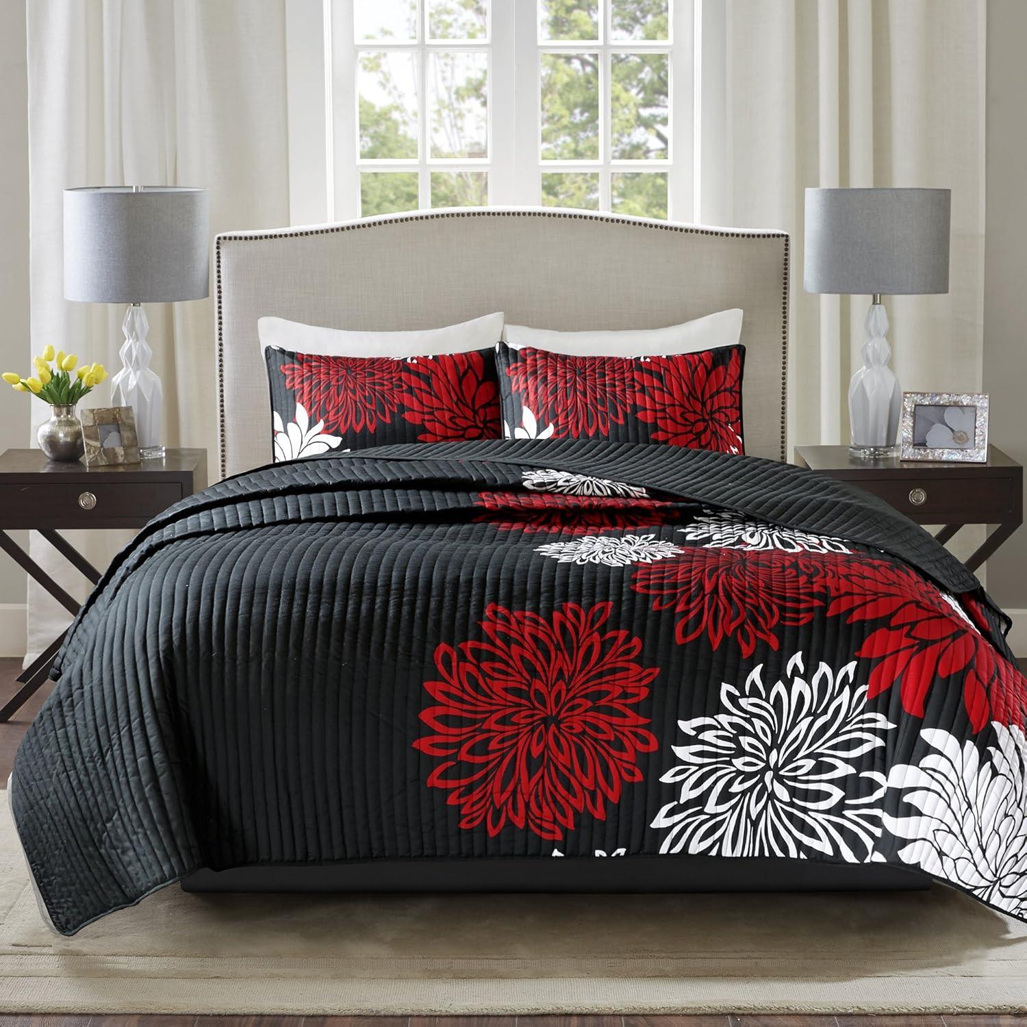 Comfort Spaces Full/Queen Size Quilt Set, 3-Piece Floral Bedspread Bedding Set, Red and Black Coverlet Set for All Season, Lightweight Comforter Set