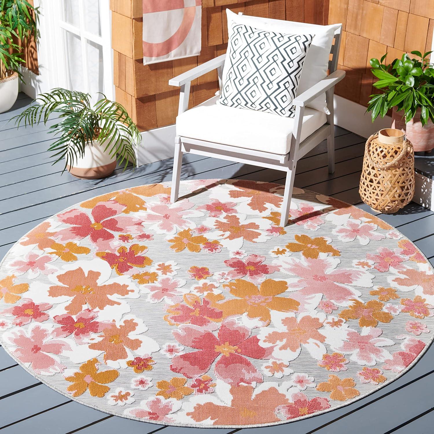 Cabana CBN488 Loomed Indoor/Outdoor Area Rug - Grey/Rose - 6'5"x6'5" Round - Safavieh
