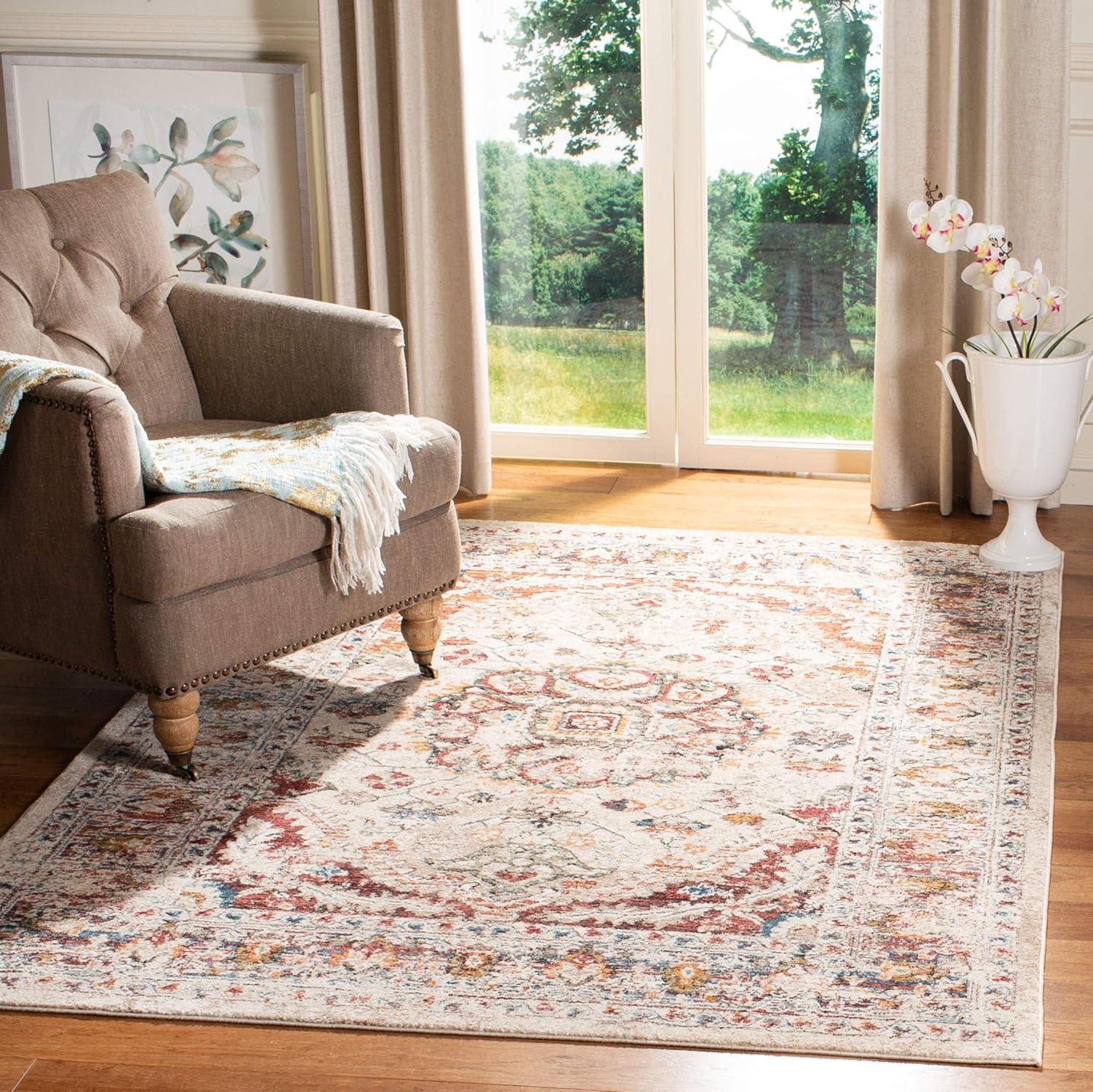 Ivory and Gold Medallion Synthetic Rectangular Area Rug