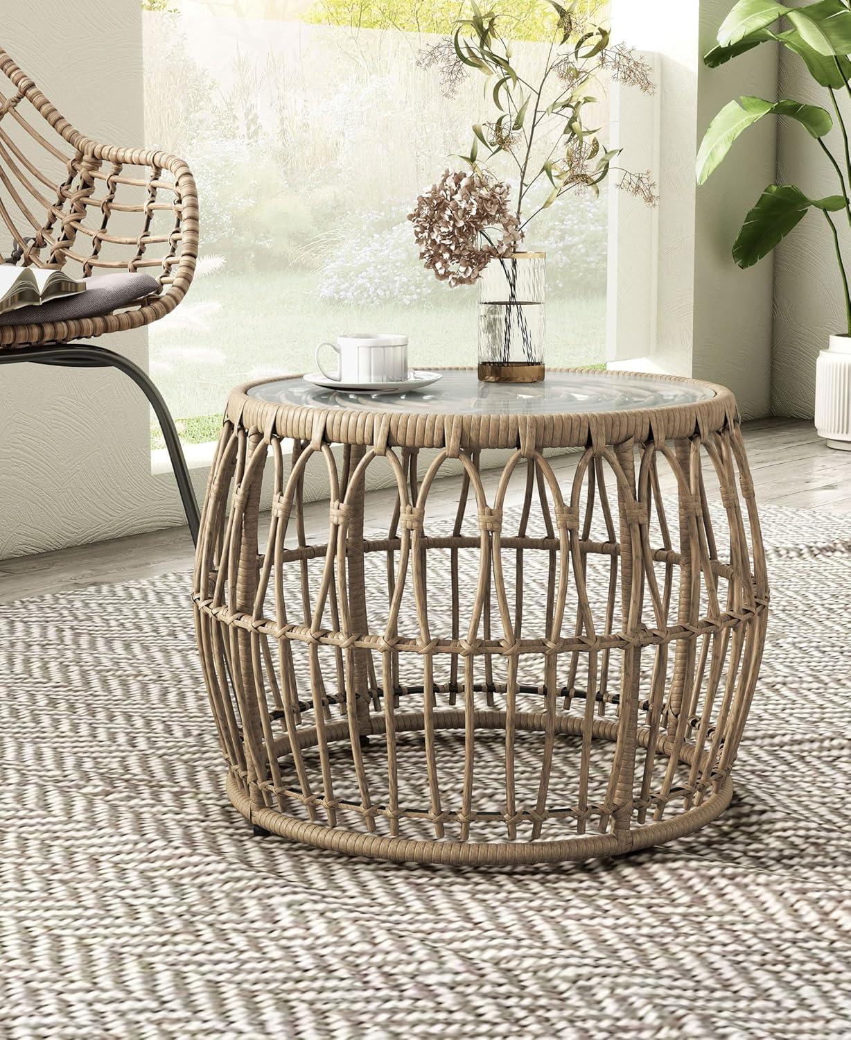 Furniture of America Roja Round Glass Top and Rattan Natural Coffee Table