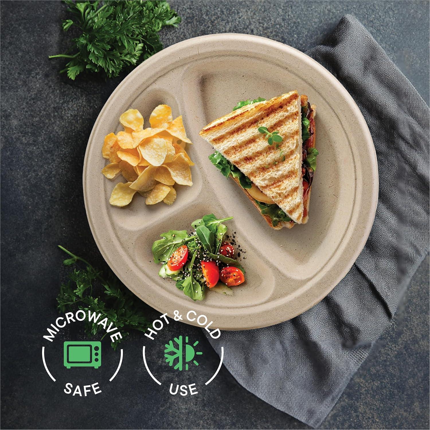 Stack Man 100% Compostable, 3 Compartment Section, Disposable Paper Plates [9 in. - 125-Pack] -Heavy Duty Biodegradable, BBQ, Lunch Trays