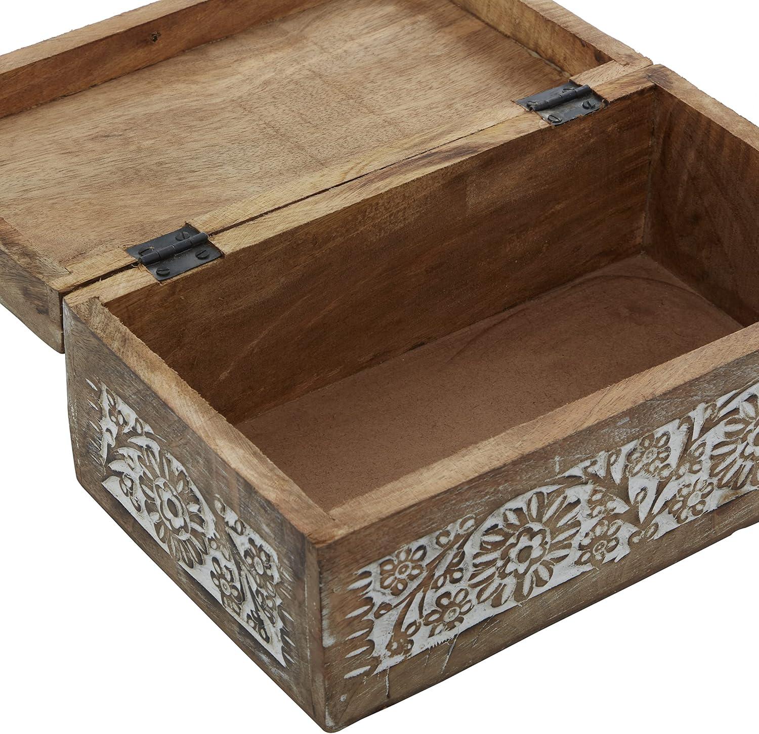 Set of 3 Mango Wood Carved Floral Boxes - Olivia & May: Coastal Style with Lids, Indoor Use, Non-Slip Base