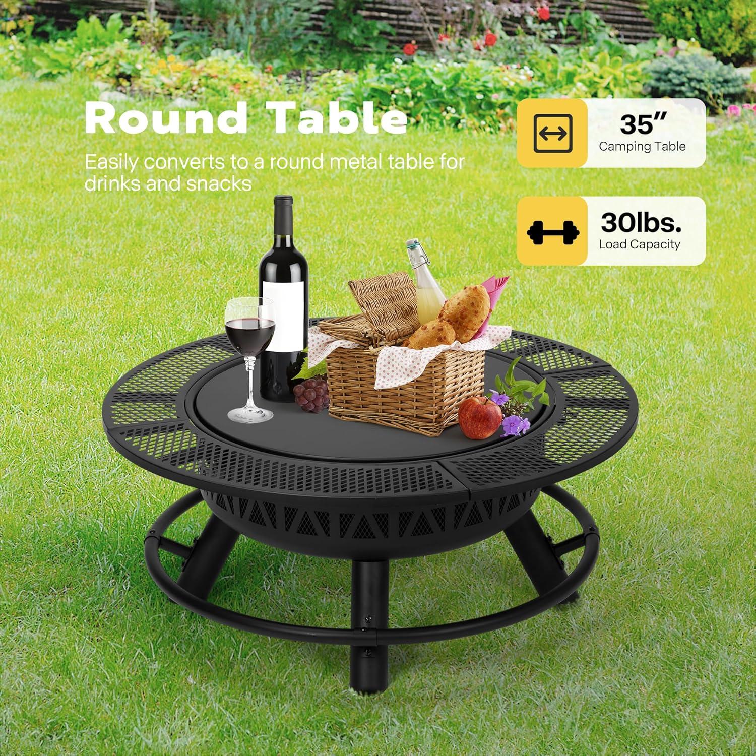 SPECSTAR 3-in-1 Fire Pit，35 in Wood Burning Firepits with Cooking Grill Grate & Charcoal Pan & Cover Lid, Metal Table for Backyard Bonfire BBQ Outdoor Camping Picnic