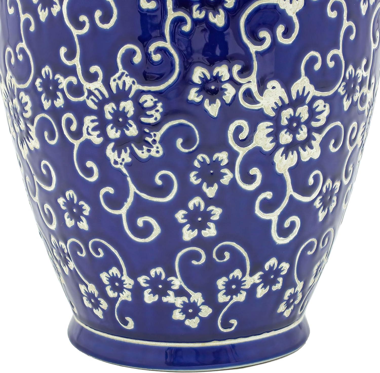 14" White Flowers on Blue Tung Chi Vase