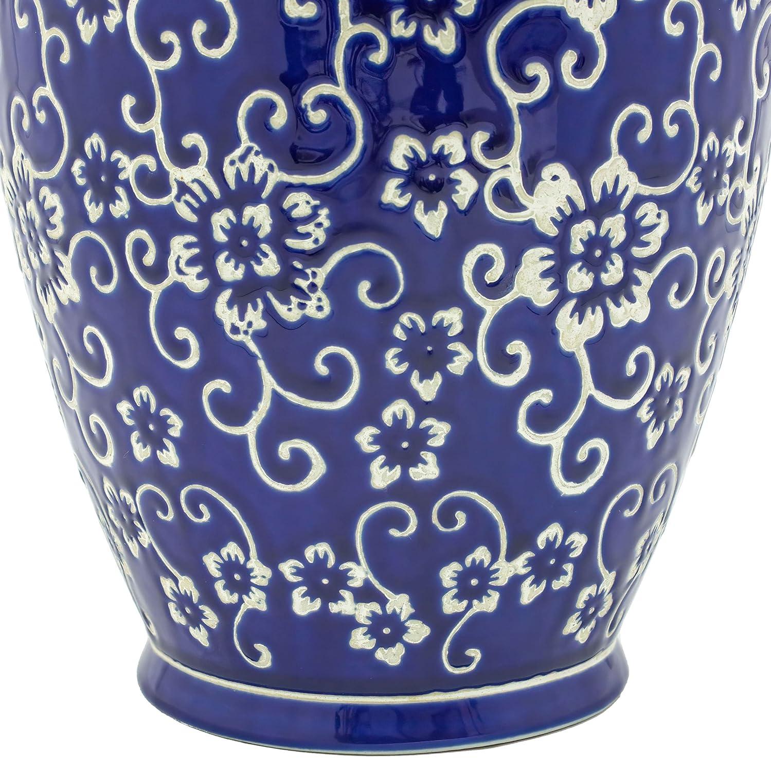 14" White Flowers on Blue Tung Chi Vase