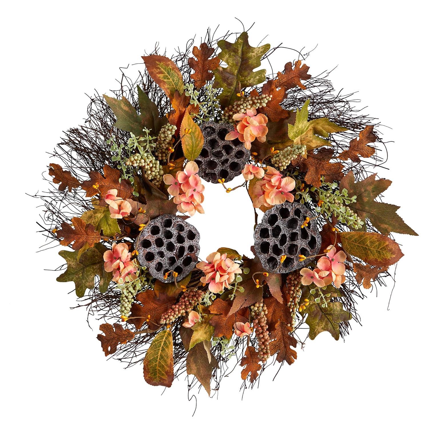Nearly Natural 22” Autumn Hydrangea, Dried Lotus Pod Artificial Fall Wreath