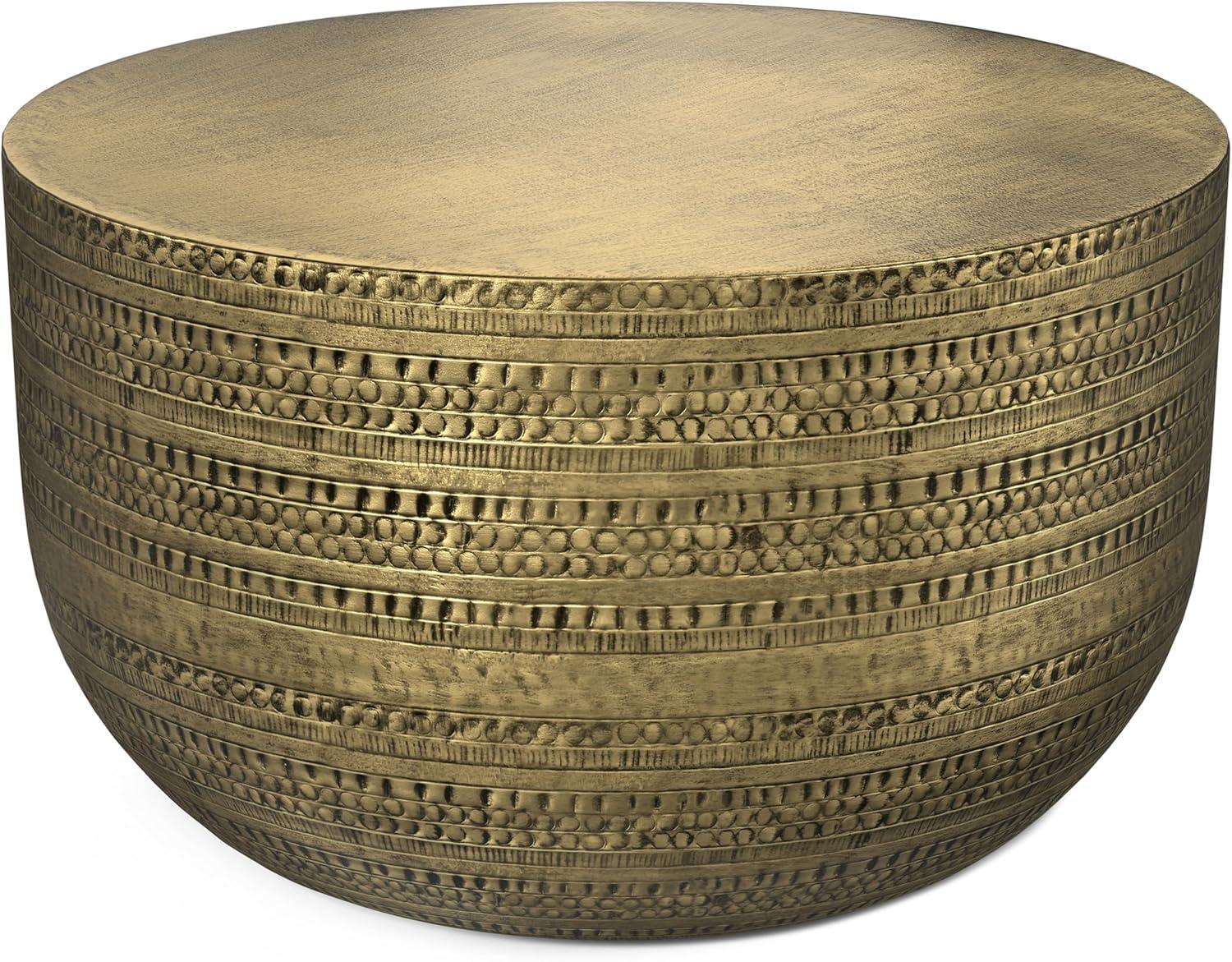 Simpli Home Johnsen 30"W Metal Boho Modern Round Coffee Table with Textured Detail, Assembled