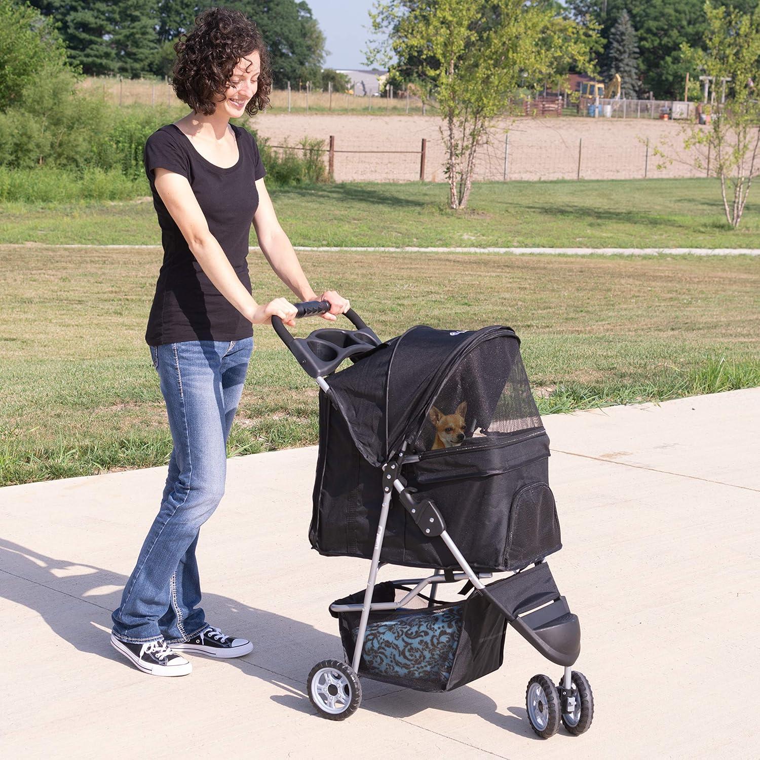 JepoIA Black 3 Wheel Pet Stroller for Cat, Dog and More, Foldable Strolling Cart, STROLR-V003K