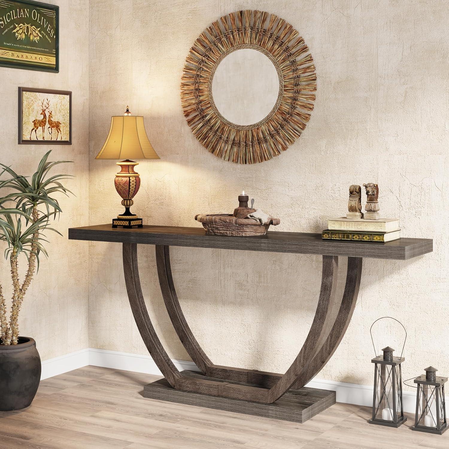 Resenkos Entryway Table, Console Sofa Table,63" Farmhouse Console Table, 2-Tier Entryway Sofa Table Gray