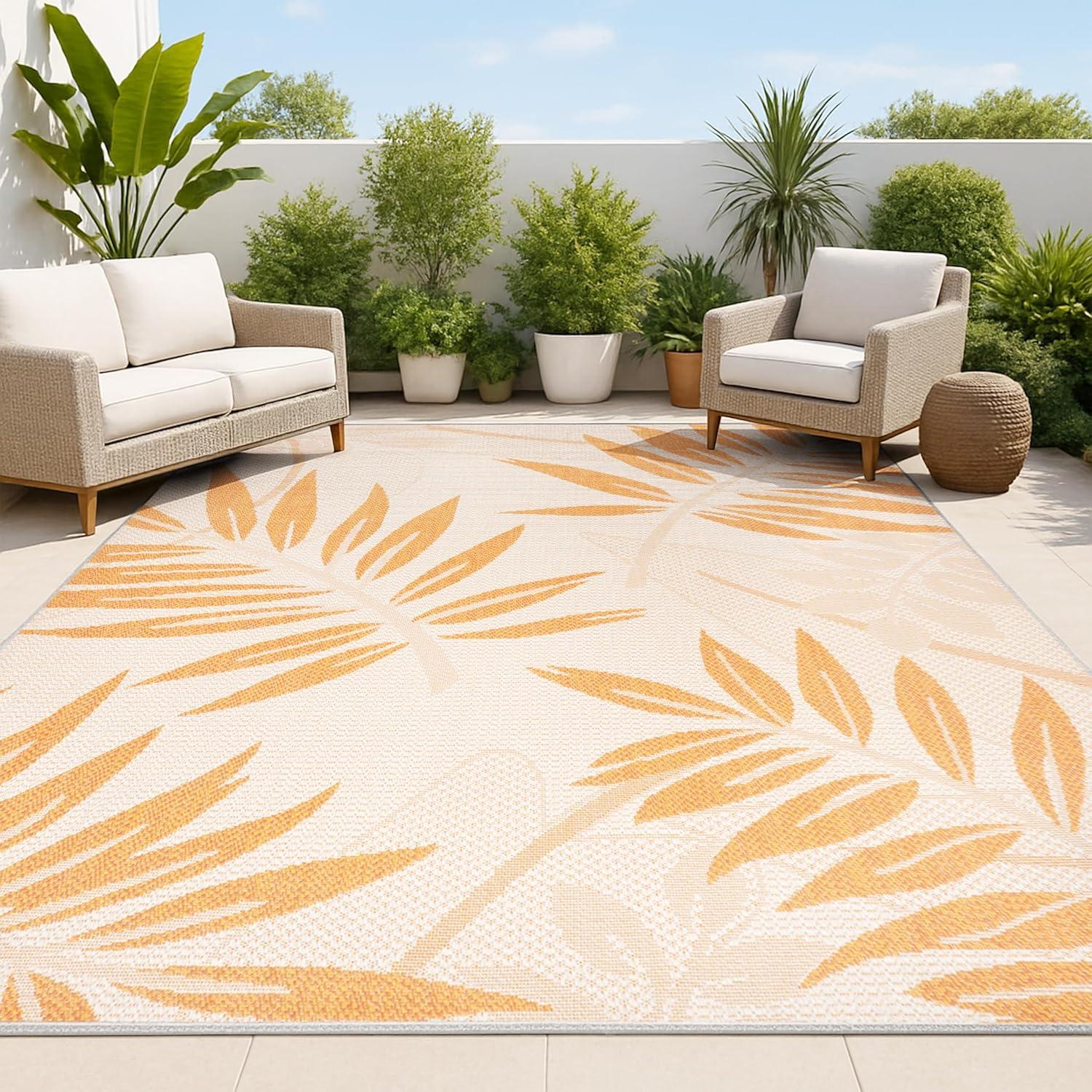 3' x 5' Havana Tropical Palm Leaf Indoor/Outdoor Area Rug, Cream/Orange - JONATHAN Y