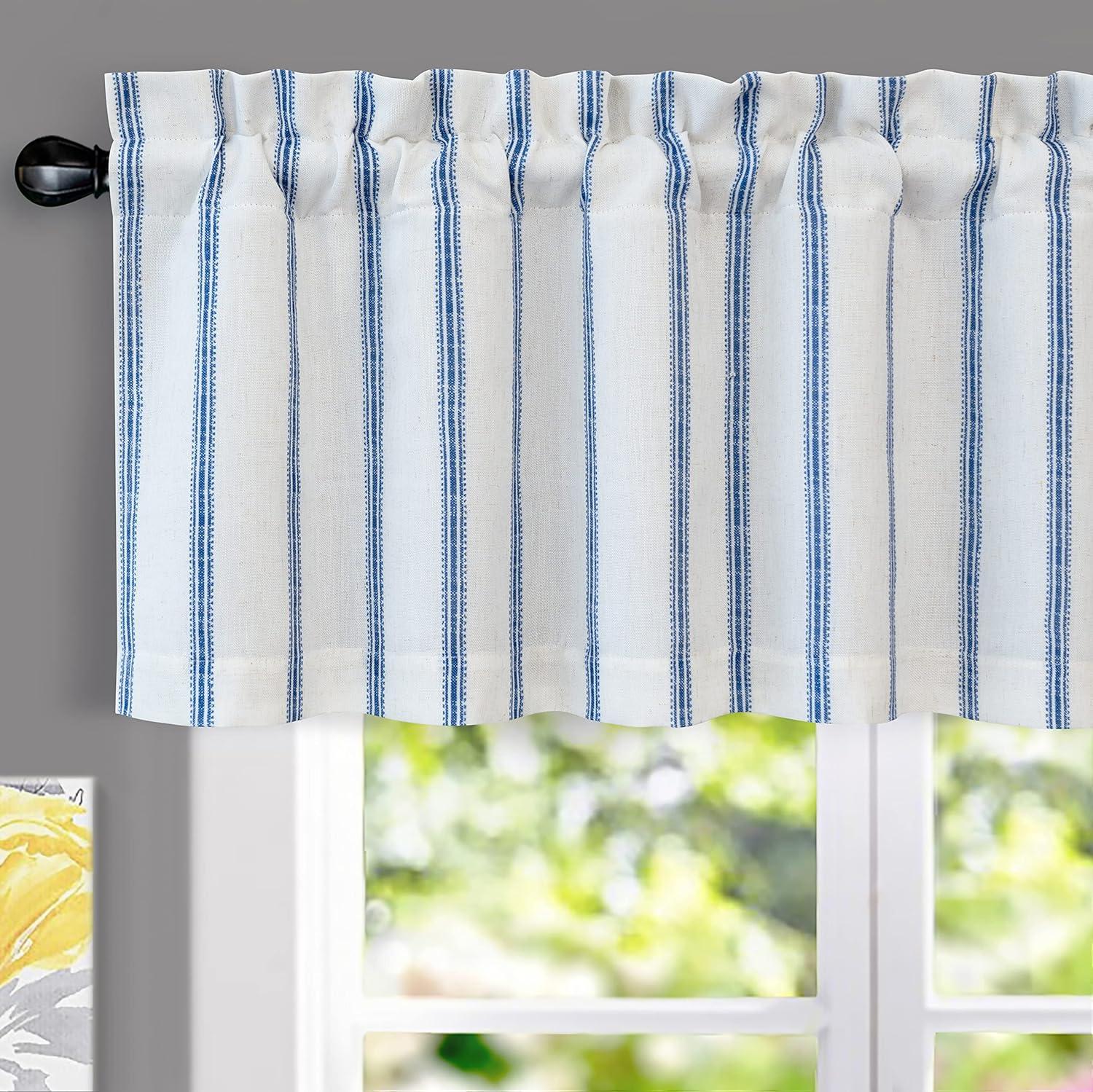 DriftAway Farmhouse Linen Blend Blackout Valance for Kitchen 18 Inch Length Vertical Striped Printed Lined Rod Pocket Room Darkening Curtain Valance for Living Room 52x18 Inch Navy