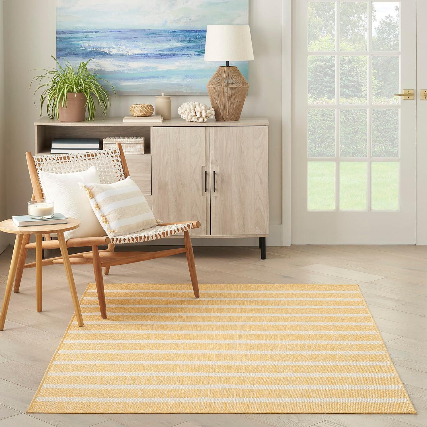 Yellow Ivory Striped Flatweave 5' x 7' Outdoor Rug