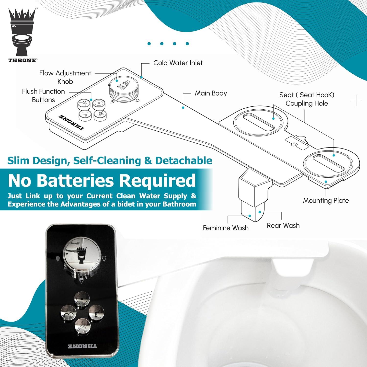 Throne Bidet Attachment for Toilet – USA Patented - Non-Electric Self Cleaning Water Sprayer Toilet Bidet Double Nozzle (Frontal & Rear Wash) Bidet Toilet Seat Attachment, Easy Install