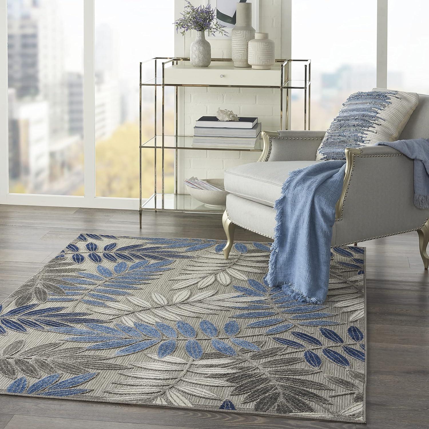 Nourison Aloha Floral Leaf Flatweave High-Low Indoor Outdoor Area Rug Grey/Blue 3'6" x 5'6"