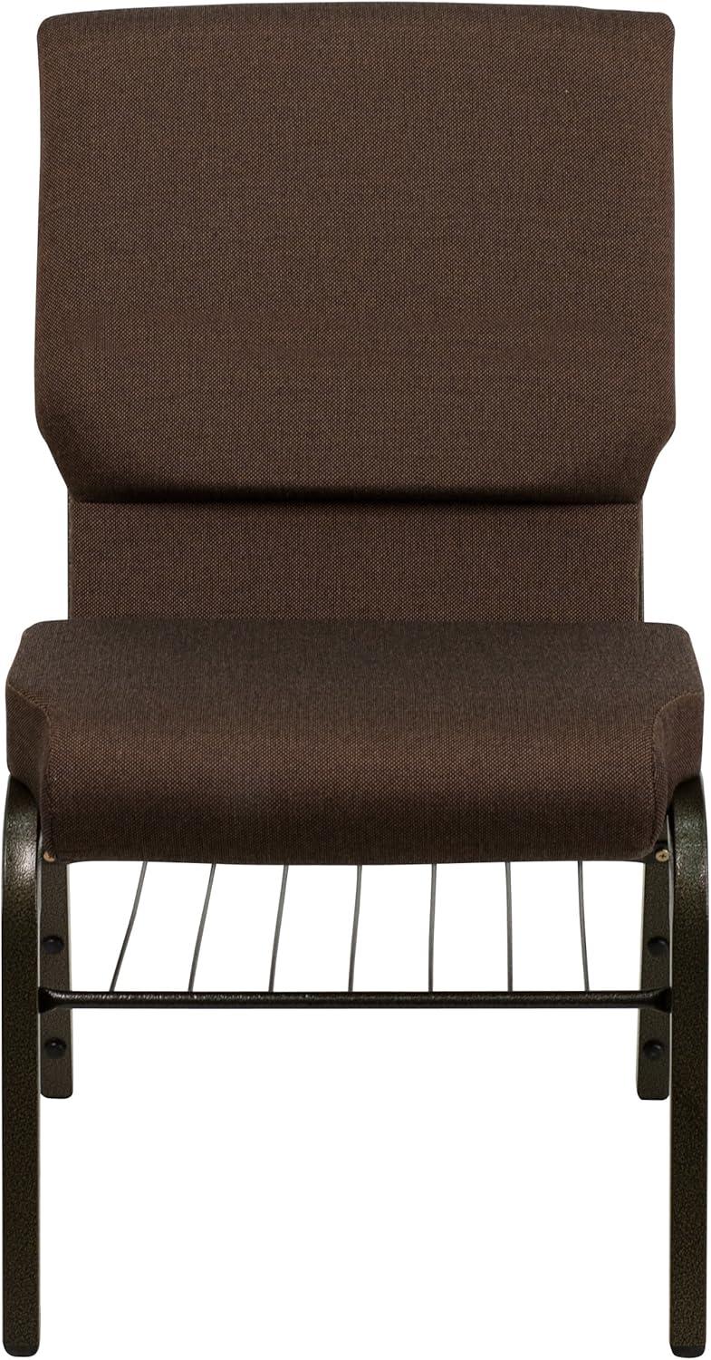 Elegant Brown Fabric Side Chair with Gold Steel Frame and Book Rack