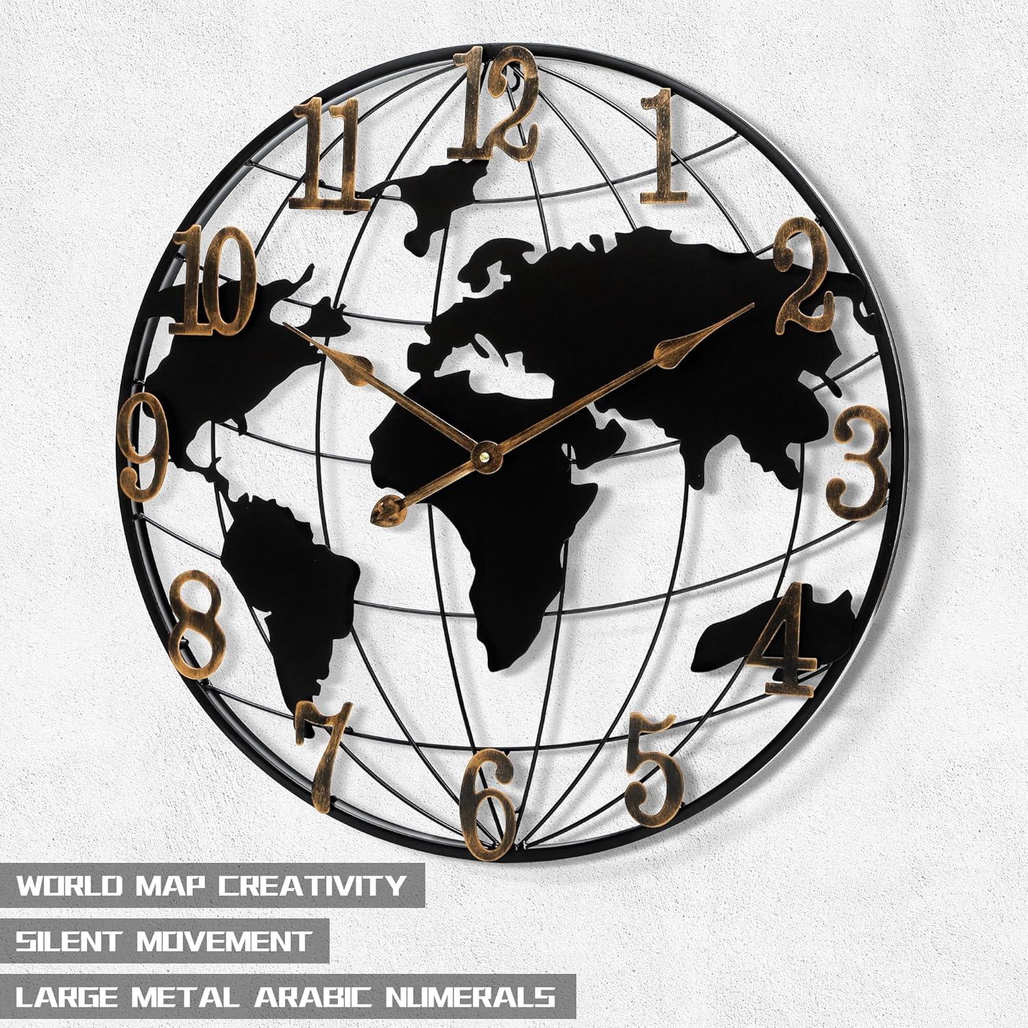 24-Inch Black and Gold Iron World Map Wall Clock