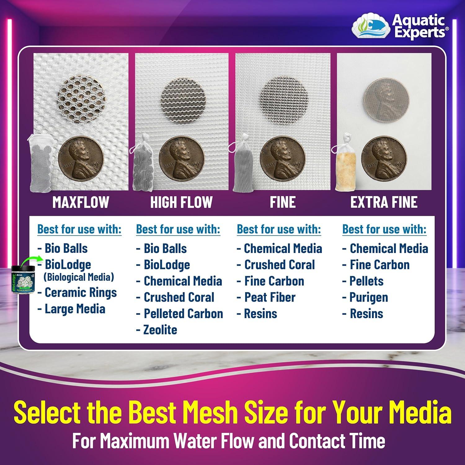 Aquatic Experts - Durable MaxFlow Mesh Media Filter Bags with Zipper for Large Filter Media 4 Pack, 4 pack, 5" x 9"