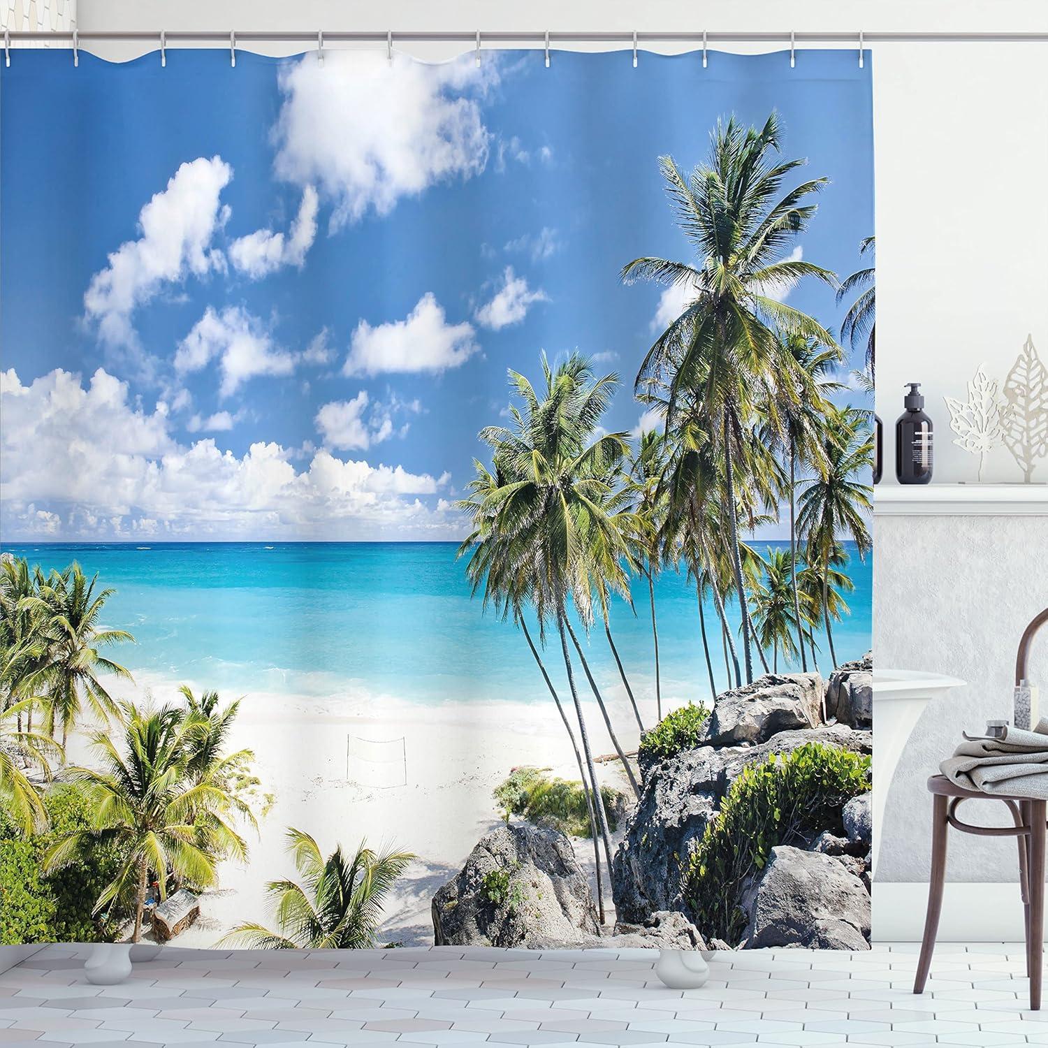 Tropical Beach Scene Polyester Blackout Shower Curtain with Hooks