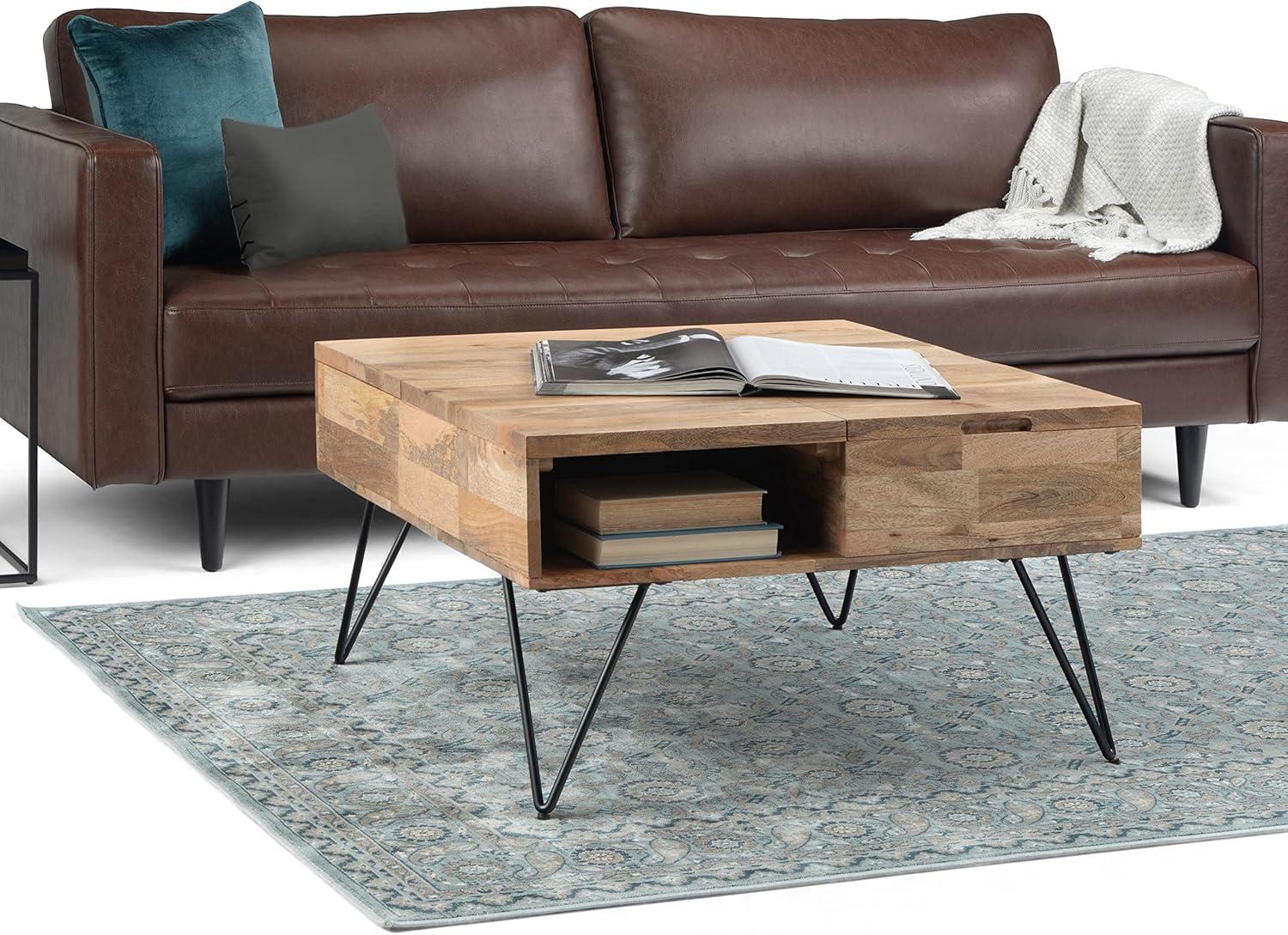 Hunter SOLID MANGO WOOD and Metal 32 inch Wide Square Industrial Lift Top Coffee Table in Natural