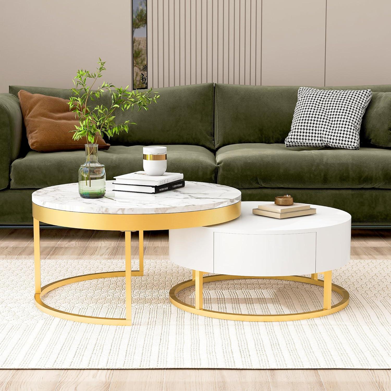 Modern Round Nesting Coffee Table with Drawers in White