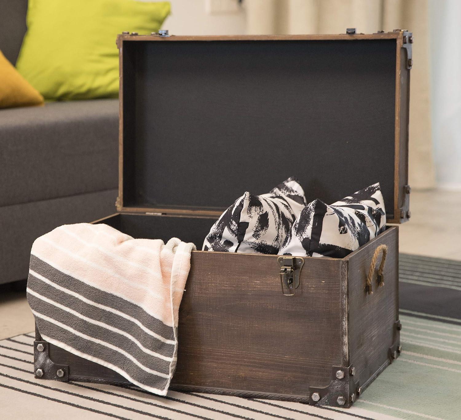 Distressed Dark Brown Wooden Storage Trunk with Metal Accents