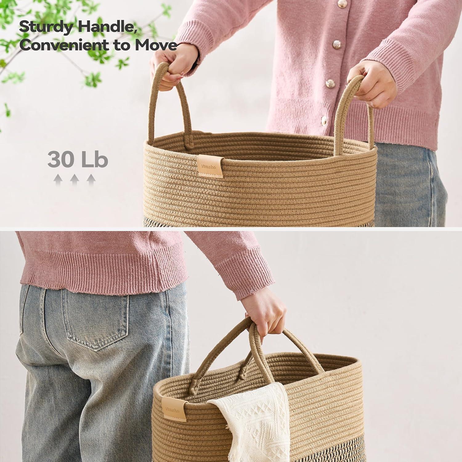 95L Beige and Dark Brown Woven Nursery Laundry Hamper