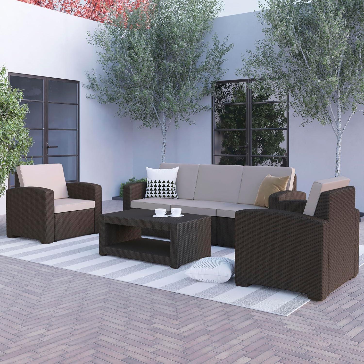 Merrick Lane 4 Piece Dark Gray Faux Rattan Patio Furniture Set with 2 Chairs and Sofa with Removable Light Gray Cushions and Table