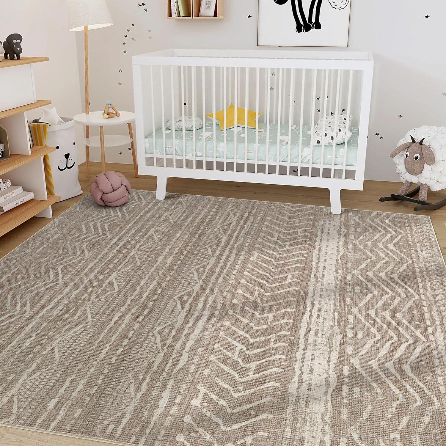 FairOnly 9'x12' Brown White Area Rugs Machine Washable Vintage Rugs for Bathroom Geometric Moroccan Ultra-Thin Area Rugs for Family Room Living Room Carpet