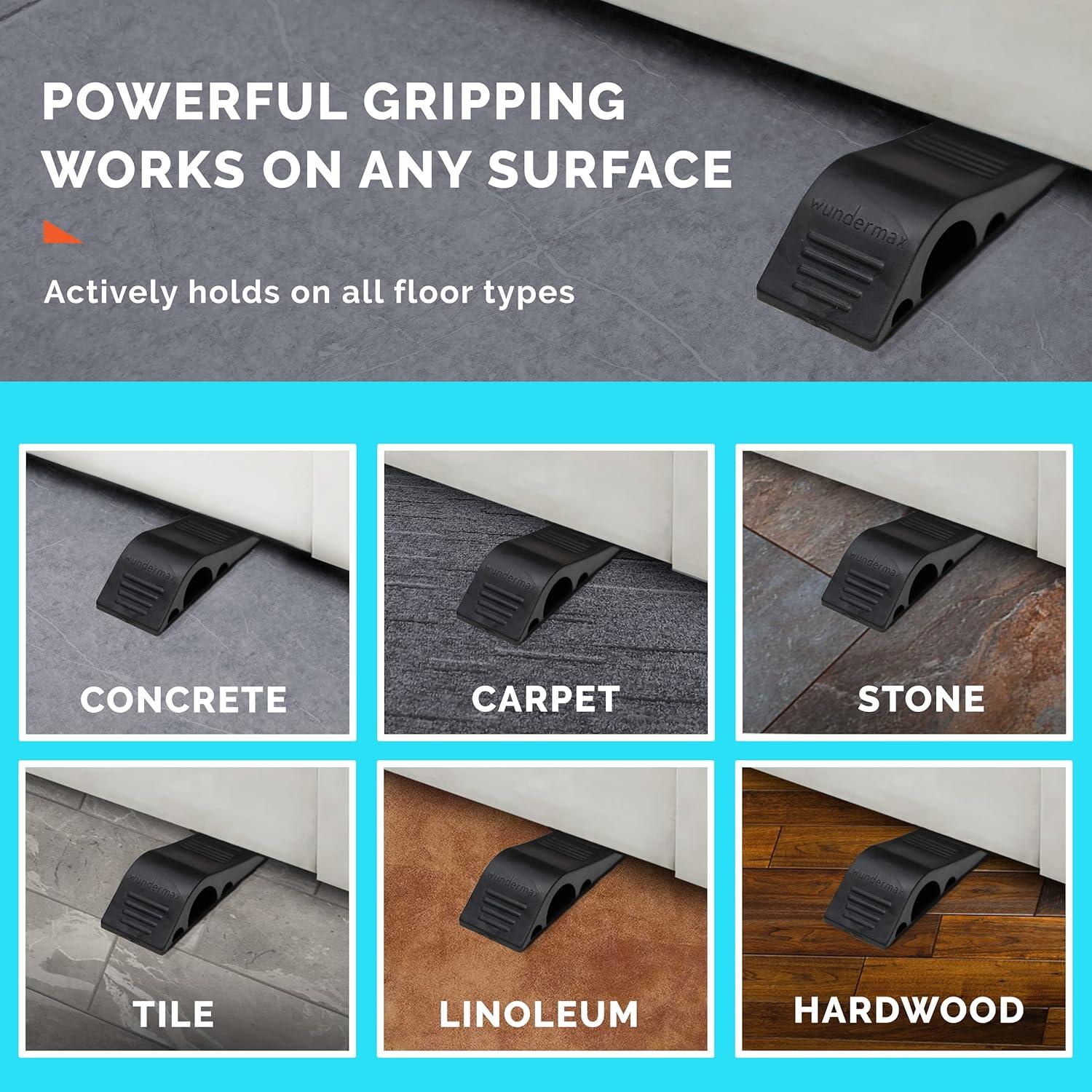 Wundermax Door Stoppers - Pack of 3 Rubber Door Wedge for Carpet, Hardwood, Concrete and Tile - Home Improvement Accessories - Black